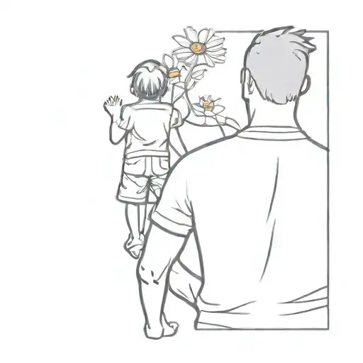 Father & son tattoo: Back view, dad standing, son on shoulders. Son holds daisy with bee. Perspective emphasizes height  tattoo design idea