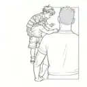 Father & son tattoo: Back view, dad standing, son on shoulders. Son holds daisy with bee. Perspective emphasizes height  tattoo design idea