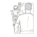 Father & son tattoo: Back view, dad standing, son on shoulders. Son holds daisy with bee. Perspective emphasizes height  tattoo design idea