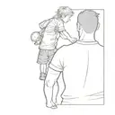 Father & son tattoo: Back view, dad standing, son on shoulders. Son holds daisy with bee. Perspective emphasizes height  tattoo design idea