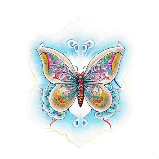 A new-school design featuring a vibrant butterfly with intricate patterns made up of various drawing tools tattoo design idea
