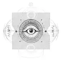 A sleeve with A SCALE CONNECTED TO A ROMAN NUMBER TWO TO A SUN, AN EYE ALL CONNECTED WITH LINES AND CIRCLES tattoo design idea