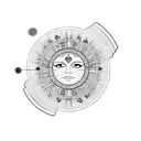 A sleeve with A SCALE CONNECTED TO A ROMAN NUMBER TWO TO A SUN, AN EYE ALL CONNECTED WITH LINES AND CIRCLES tattoo design idea