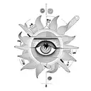 A sleeve with A SCALE CONNECTED TO A ROMAN NUMBER TWO TO A SUN, AN EYE ALL CONNECTED WITH LINES AND CIRCLES tattoo design idea