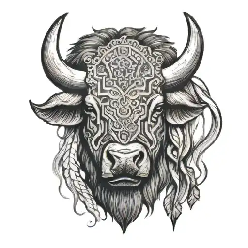 The buffalo head has simple drawings, few details, frontal view, axial symmetry tattoo design idea