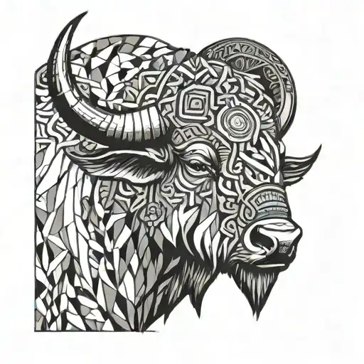The buffalo head has simple drawings, few details, frontal view, axial symmetry tattoo design idea