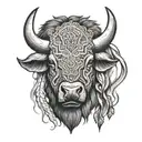 The buffalo head has simple drawings, few details, frontal view, axial symmetry tattoo design idea