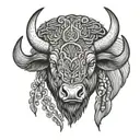 The buffalo head has simple drawings, few details, frontal view, axial symmetry tattoo design idea