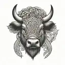 The buffalo head has simple drawings, few details, frontal view, axial symmetry tattoo design idea