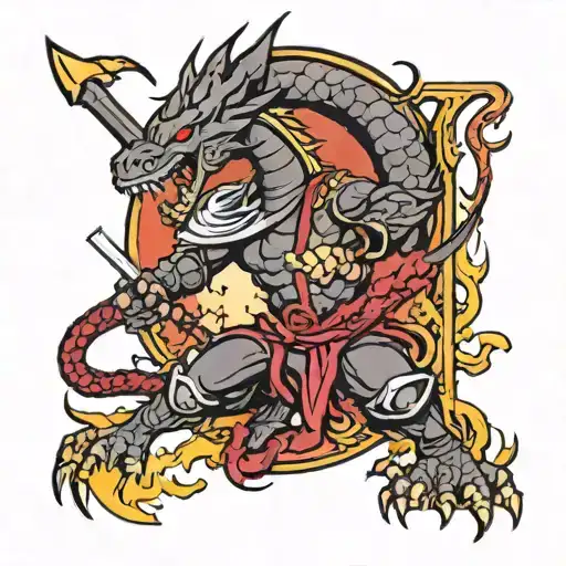 A ninja warrior battling a fierce dragon in a Masonic-inspired setting tattoo design idea