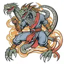 A ninja warrior battling a fierce dragon in a Masonic-inspired setting tattoo design idea