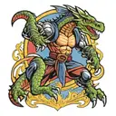 A ninja warrior battling a fierce dragon in a Masonic-inspired setting tattoo design idea