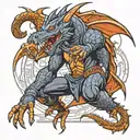 A ninja warrior battling a fierce dragon in a Masonic-inspired setting tattoo design idea