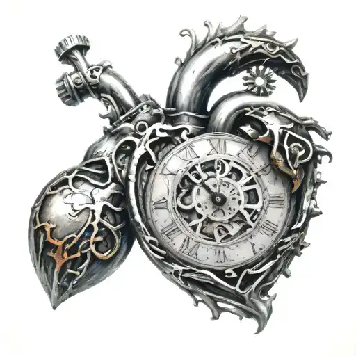 clock in the shape of a human and mechanical heart tattoo design idea