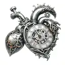 clock in the shape of a human and mechanical heart tattoo design idea