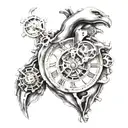 clock in the shape of a human and mechanical heart tattoo design idea