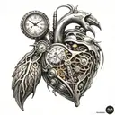 clock in the shape of a human and mechanical heart tattoo design idea