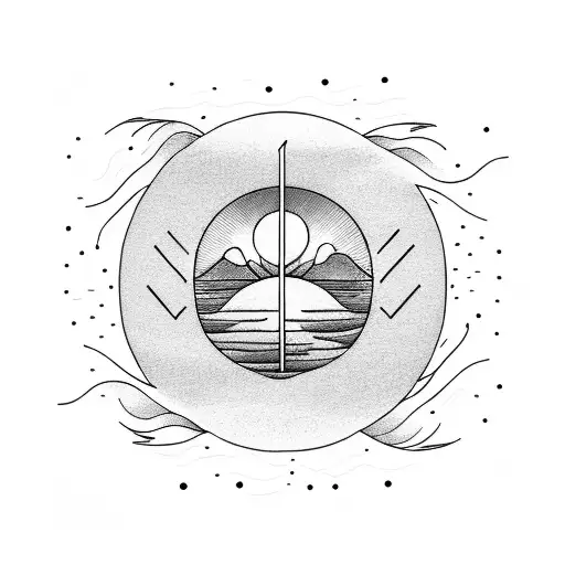 A minimalist design of a sun setting over a tranquil lake, with waves formed by flowing words from a poem tattoo design idea