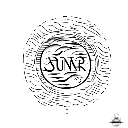 A minimalist design of a sun setting over a tranquil lake, with waves formed by flowing words from a poem tattoo design idea