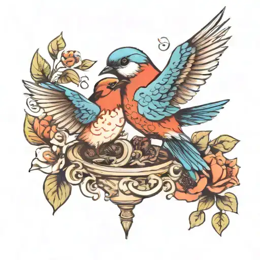 A traditional tattoo of a mother bird teaching her baby bird how to fly, representing guidance and growth tattoo design idea