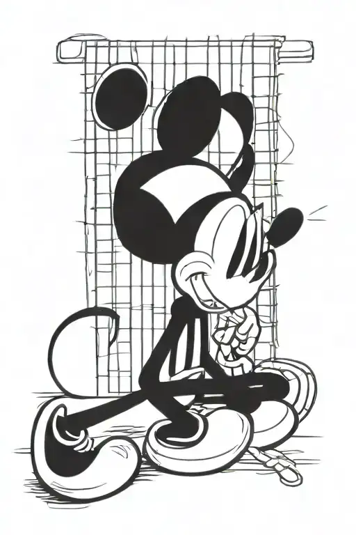 a Mickey mouse crying in the jail cell with bars and Mickey has a jack skellington tattoed in his arm  tattoo design idea