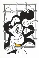 a Mickey mouse crying in the jail cell with bars tattoo design idea