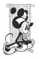 a Mickey mouse crying in the jail cell with bars and Mickey has a jack skellington tattoed in his arm  tattoo design idea