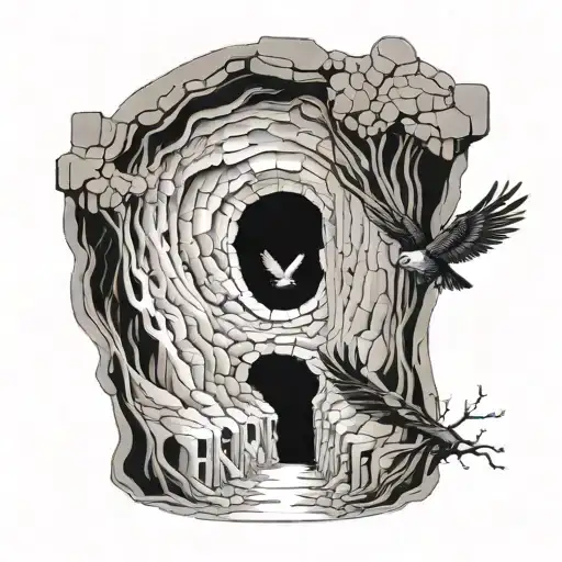 A series of interconnected tunnels and caves, with a hawk flying through a narrow opening tattoo design idea