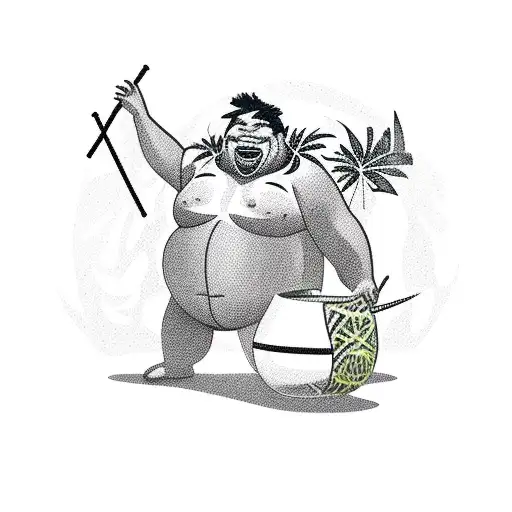 chubby islander wearing a grass skirt and tiki mask holding a bone in his hand standing over a cauldron cooking tattoo design idea