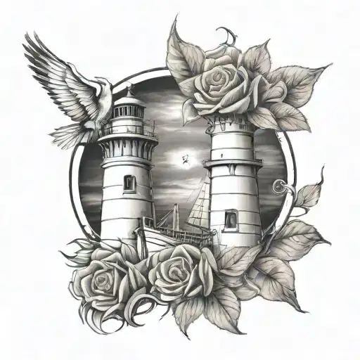lighthouse rose ship Jesus Christ tattoo design idea