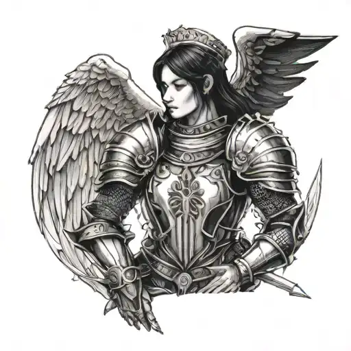Female Knight in armor with black hair and angel wings  tattoo design idea