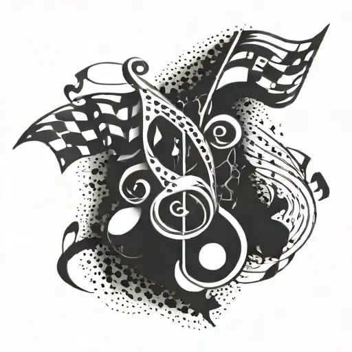 An abstract design of racing flags intertwined with musical notes, representing the client's passion for racing and music tattoo design idea