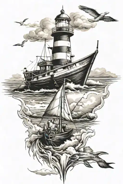 lighthouse row boat fisherman water tattoo design idea