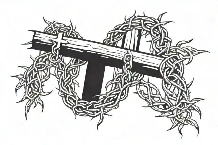 a ring of thorns with the crucified Jesus ad two crosses on either side as an arm band tattoo design idea