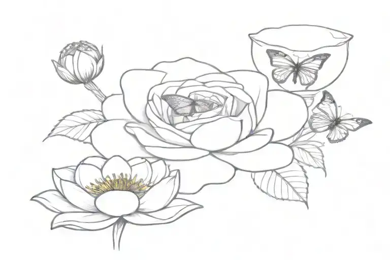 rose, water lily, poppy with butterfly tattoo design idea