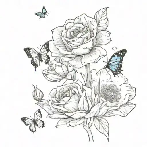 1 rose, 1 water lily, 1 poppy with 3 small butterflies tattoo design idea