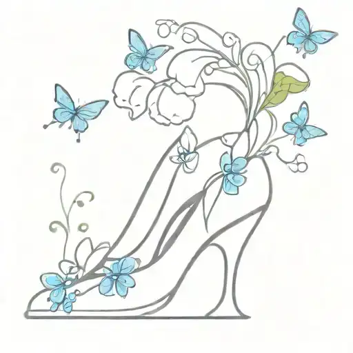 A minimalist tattoo of Cinderella's glass slipper surrounded by blue butterflies and lilies of the valley tattoo design idea