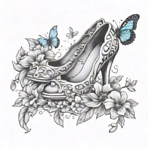 A minimalist tattoo of Cinderella's glass slipper surrounded by blue butterflies and hibiscus flowers  tattoo design idea