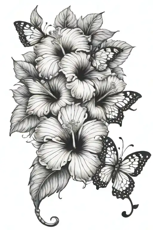 blooming hibiscus flower with blue butterflies  tattoo design idea