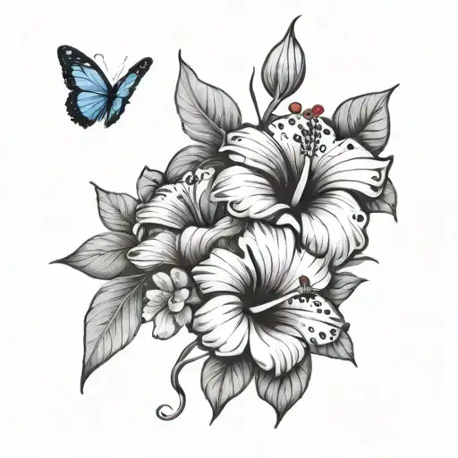 hibiscus flowers with small blue flying butterflies and a nightingale  tattoo design idea