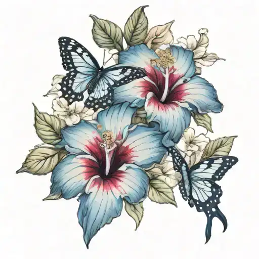 hibiscus flowers with small blue flying butterflies and a nightingale  tattoo design idea