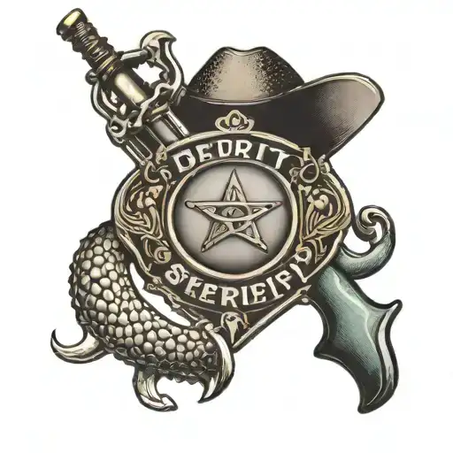 A deputy sheriff badge with a fishing hook and rifle intertwined tattoo design idea