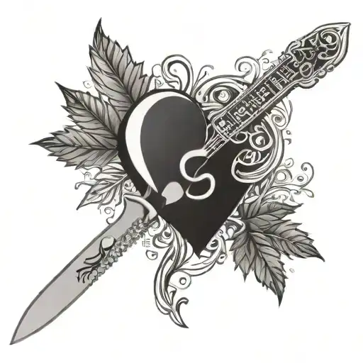 music notes pot leaf knife heart   tattoo design idea