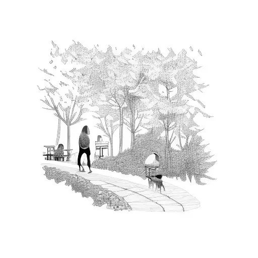 A trail leading to a hidden coffee shop nestled in a picturesque natural setting, with a waterfall cascading nearby tattoo design idea