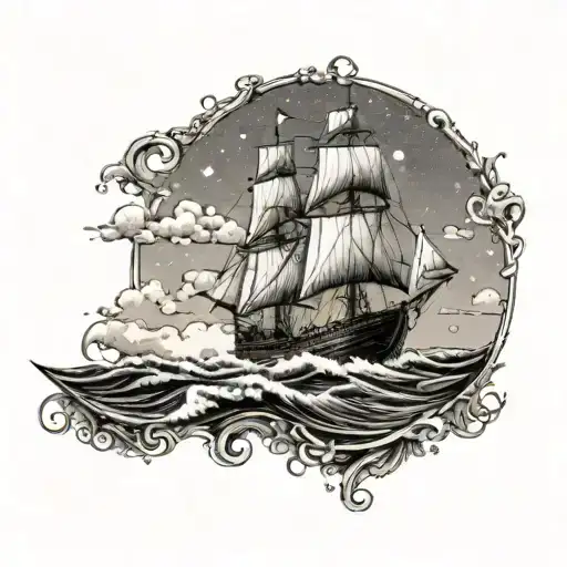 A dotwork design of a ship sailing on rough waves, symbolizing the client's love for the ocean and Long Beach California, with intricate details to capture the essence of exploration tattoo design idea