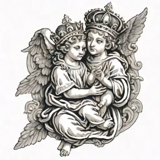 coronation of virgin mary by two cherubs holding crown tattoo design idea