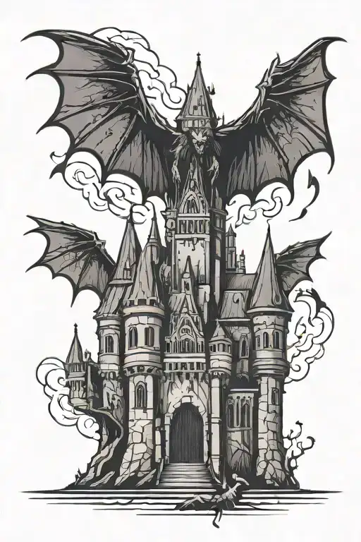 dracula castle with bats in dark fantasy and neo tribal style tattoo design idea