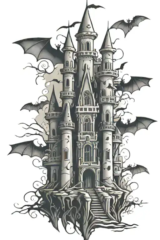 scary castle with bats in dark fantasy and neo tribal style tattoo design idea