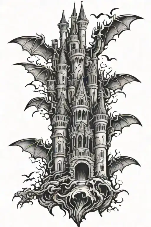 scary castle with bats in dark fantasy and neo tribal style tattoo design idea