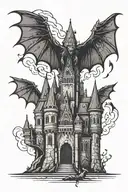 dracula castle with bats in dark fantasy and neo tribal style tattoo design idea